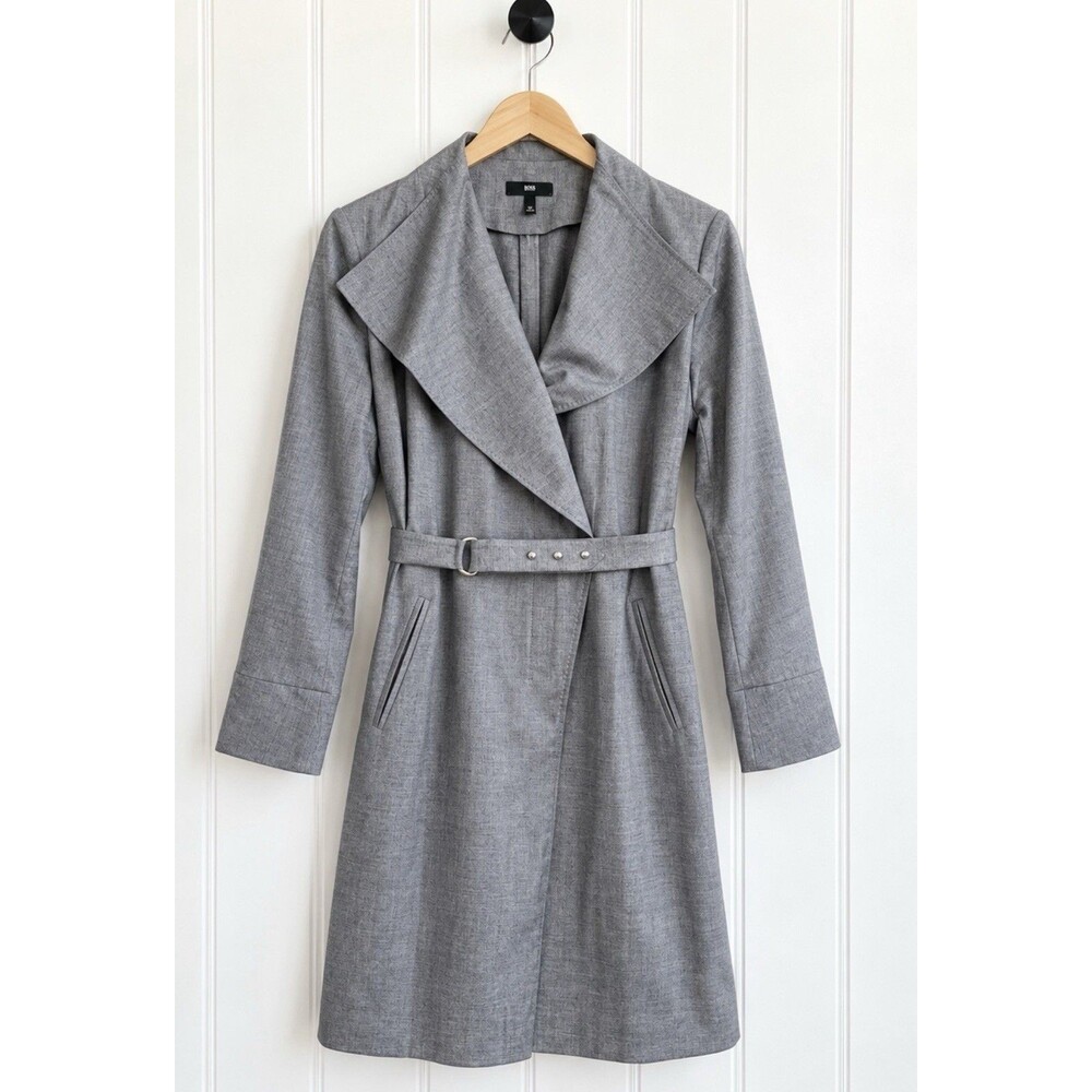 Boss Hugo Boss Devien Wool Blend Belted Wrap Coat Womens 8 Lightweight Gray FLAW